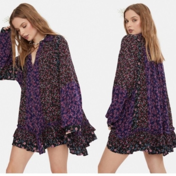 Free People dress tunic Lost in You Floral Button Ruffle Top Mini Black small - Picture 1 of 6